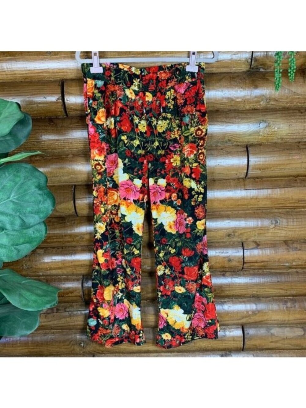 ✨3/$30 Wayf Women's L Black Bright Floral Print Wide Leg Pants Boho Artsy Career